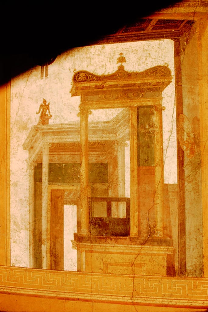 VI.15.1 Pompeii. 1966.
Architectural wall painting on south wall in south-west corner of exedra. Photo by Stanley A. Jashemski.
Source: The Wilhelmina and Stanley A. Jashemski archive in the University of Maryland Library, Special Collections (See collection page) and made available under the Creative Commons Attribution-Non-Commercial License v.4. See Licence and use details.
J66f0259