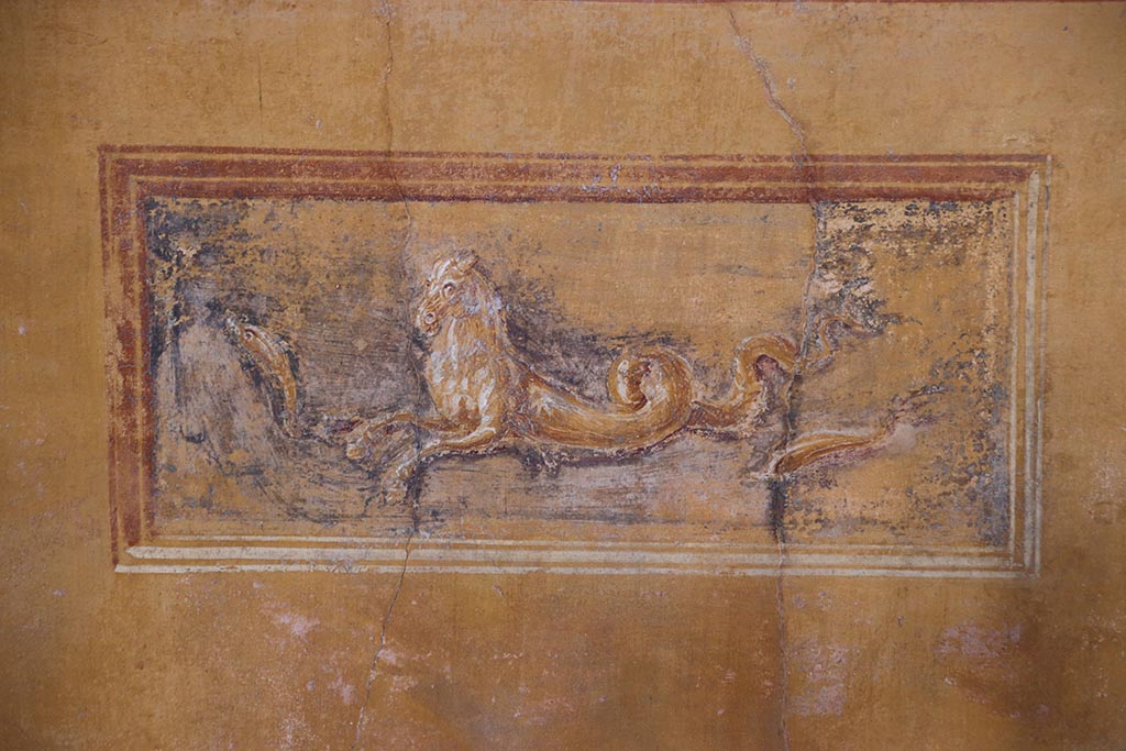 VI.15.1 Pompeii. October 2024.
Painted panel of sea horse from south wall in south-west corner in exedra. Photo courtesy of Klaus Heese.