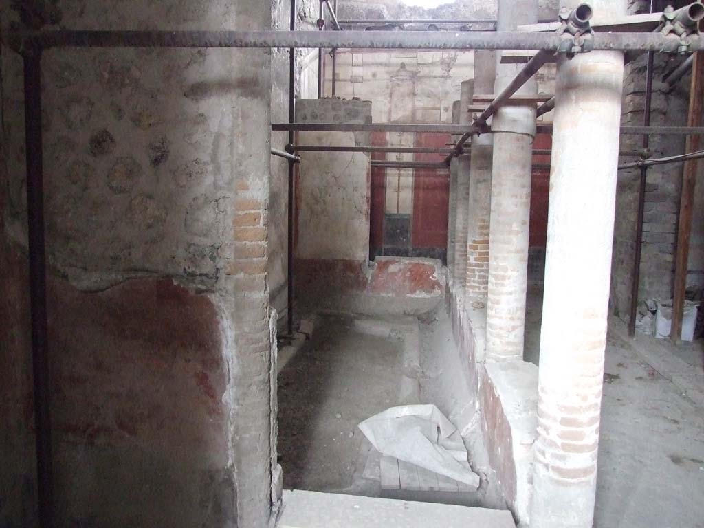 VI.15.1 Pompeii. December 2006. Gynaeceum, the small courtyard “s”.
Looking north along the line of the east portico and its five supporting columns.
According to Jashemski, on the north wall of the peristyle was a painting of a shrub and two birds flying towards it from opposite directions.
There were similar painted shrubs painted to the side of the door on the south wall.
However, the plaster was preserved only on the lower wall.
The painting was nearly completely destroyed by the time of Jashemski writing (1993).
Below the painting was a plant dado, similar to those that could have been seen in the large peristyle.
See Jashemski, W. F., 1993. The Gardens of Pompeii, Volume II: Appendices. New York: Caratzas, p. 347.