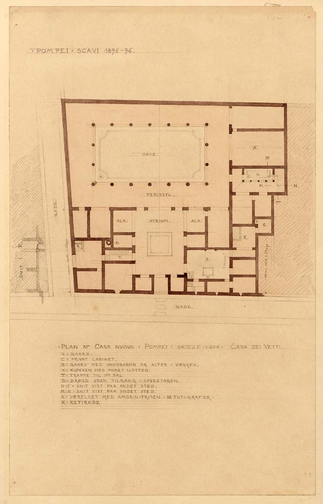 VI.15.1 Pompeii. Plan/Painting by Harald Harppth (1866-1900).
The area of the small peristyle/garden "s" can be seen in the centre, on the right.
The two paintings below, would have been seen on the pilaster between H – I on the west side, and between M – N on the north wall.
Photo © Danmarks Kunstbibliotek inv. no ark_17516a.