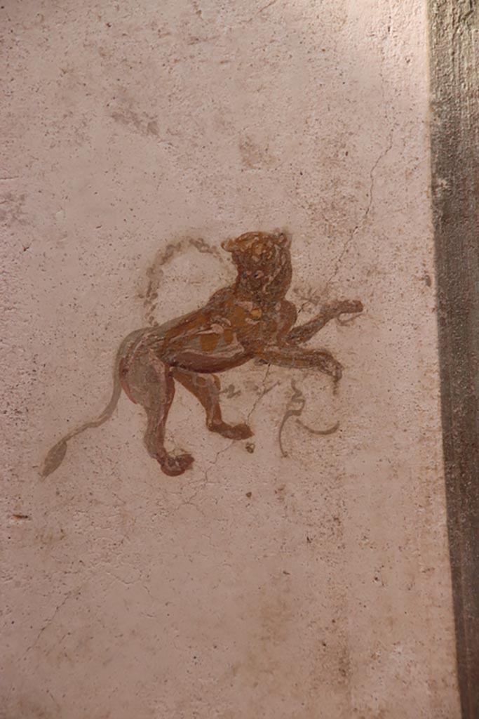 VI.15.1 Pompeii. October 2023.
Small peristyle/garden “s”, detail from upper west wall at north end. Photo courtesy of Klaus Heese.