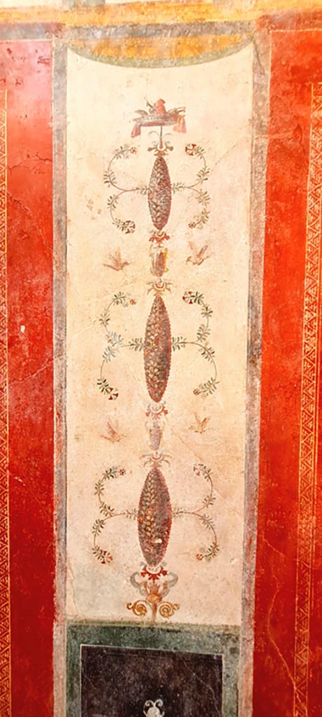 VI.15.1 Pompeii. April 2023. Peristyle garden “s”. Painted decoration from north wall. Photo courtesy of Giuseppe Ciaramella.
