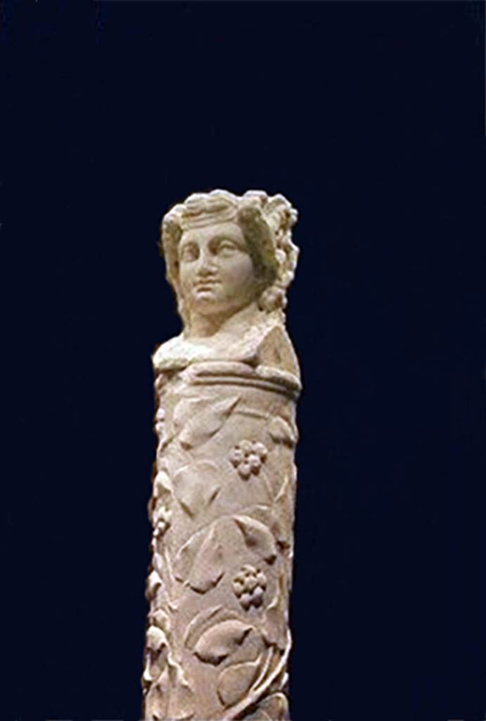 VI.15.1 Pompeii. Detail of bust of a bacchante at the top of a herm. SAP 690.
Photographed at “A Day in Pompeii” exhibition at Melbourne Museum. September 2009.