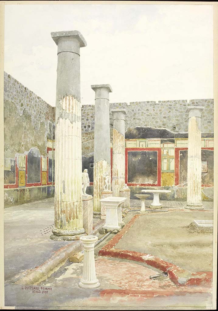 VI.15.1 Pompeii. April 1895.
Watercolour by Luigi Bazzani, looking west towards south-west corner of peristyle.
Photo © Victoria and Albert Museum. Inventory number 7-1898.