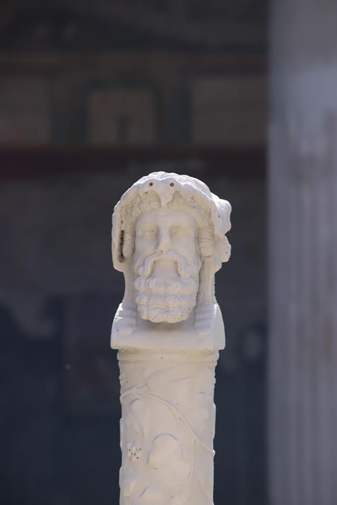VI.15.1 Pompeii. October 2023.
Peristyle, looking south towards herm on east side of peristyle garden. Photo courtesy of Klaus Heese.