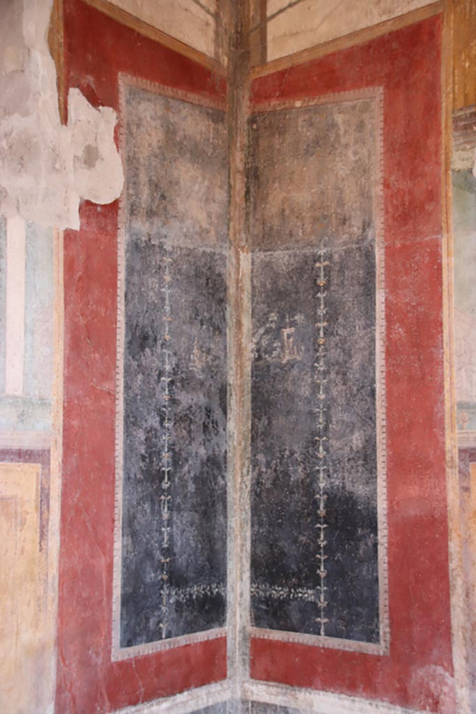 VI.15.1 Pompeii. October 2023.
Detail of painted decoration from panels in south-west corner. Photo courtesy of Klaus Heese.