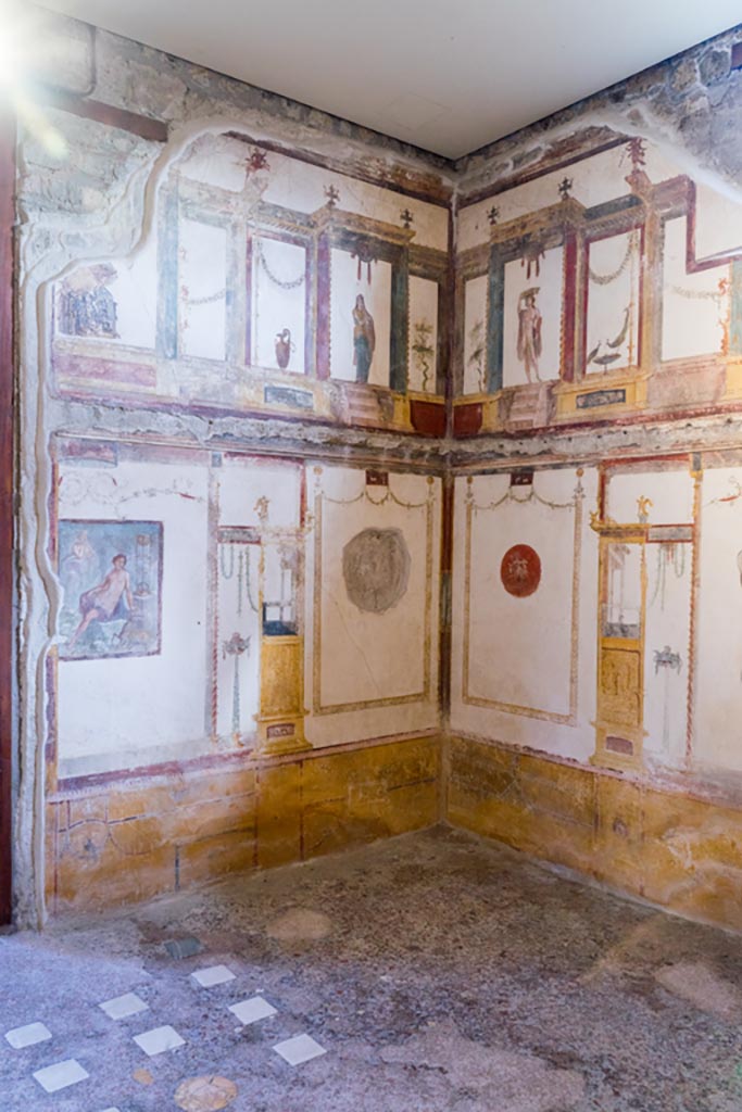 VI.15.1 Pompeii. March 2023. 
Looking towards north-east corner of oecus on south side of atrium. Photo courtesy of Johannes Eber.