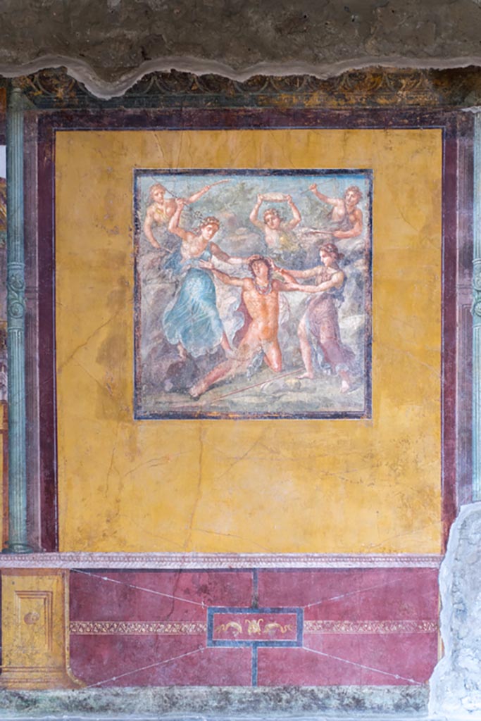 VI.15.1 Pompeii. March 2023. 
Central painting on east wall of exedra - the death of Pentheus. Photo courtesy of Johannes Eber.
