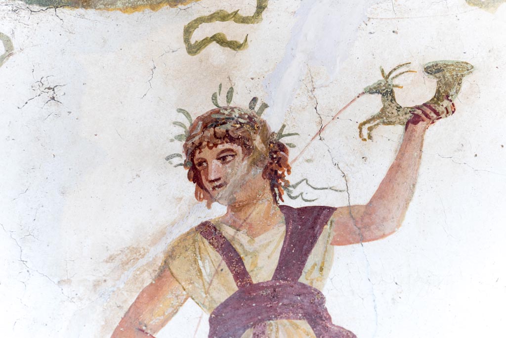 VI.15.1 Pompeii. August 2023.
Detail from lararium painting of wreathed Lar with rhyton, from south end of lararium painting. Photo courtesy of Johannes Eber.