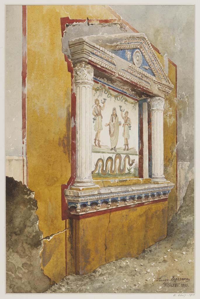 VI.15.1 Pompeii. 1895 watercolour by Luigi Bazzani of household lararium.
Photo © Victoria and Albert Museum. Inventory number 9-1898.