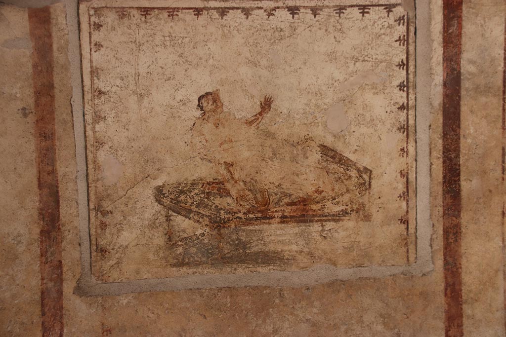 VI.15.1 Pompeii. October 2024. North wall, erotic painting in bedroom (x’). Photo courtesy of Klaus Heese.