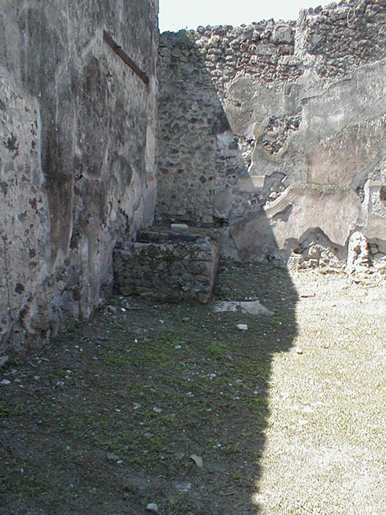 VI.15.3 Pompeii. May 2005. South-west corner of fullonica.
According to NdS, the entrance doorway led into a workshop with walls of coarse plaster and a high dado of brick plaster (mattone pesto).
Near the south wall were three dividing parallel stone walls.
The third (west wall) formed part of a parapet on three sides of a basin.
On the west side of the basin was a cistern in the south-west corner of the room.
According to Flohr, the cistern mentioned by both Mau and Sogliano has been filled up by the Soprintendenza, at some time during the 20th century.
See Rivista di Studi, XVIII, 2007, article by Flohr, M, entitled Cleaning the laundries report of the 2006 season, (p.133-134)