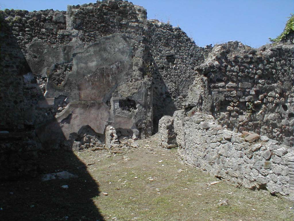 VI.15.3 Pompeii. May 2005. West wall of fullonica.
According to NdS, another low wall remained near the west wall, which had another three dividing walls forming vats.
At the time of excavation only the north low wall of a vat remained.
See Notizie degli Scavi di Antichità, January 1897, (p.20-21) & NdS, 1895, p.439, and p.440
In the centre of the above photo is the doorway leading to two small rear rooms in the north-west corner, according to Sogliano one of these was a kitchen.
According to Flohr, when this work-floor was excavated, it was found to be made of tiles, mostly terracotta.
Most of the tiles were still in situ and were found to be of two types.
Smaller tiles (22cm x 22cm) on the south side, with larger tiles (29cm x 29cm) covered the northern part.
Most larger tiles had three or four small holes. They were found to be Campana reliefs.
Two of these reliefs had disappeared but had left an imprint in the mortar, showing a winged Cupid on a chariot drawn by two horses.
These were similar to the two reliefs attached to the north wall of the next room.
See Rivista di Studi, XVIII, 2007, article by Flohr, M, entitled Cleaning the laundries report of the 2006 season, (p.133-134)
