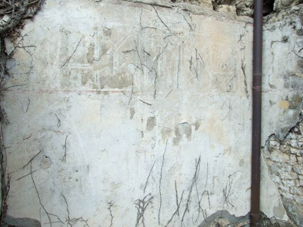 VI.15.6 Pompeii. March 2009. Room 2, north wall of cubiculum.  According to NdS, the walls of this room were decorated in white and partitioned into panels of the usual architectural concepts of the last style.  In each panel the following representations were seen, starting on the north wall – 
a sacred tree trunk and bronze urn supported by four feet:  
a bronze amphora with a palm branch leaning against it, and to the right, a tree trunk:
a winged bird in front of a bunch of grapes, the painting was enclosed in a medallion:
a cockerel in the act of pecking two fruits, also enclosed in a medallion:
an urn, in the usual circle:
a vase or urn which was supporting a palm branch, and on the right was a tree trunk.
The paintings from the west wall were destroyed. See Notizie degli Scavi, January 1897, (p.30)