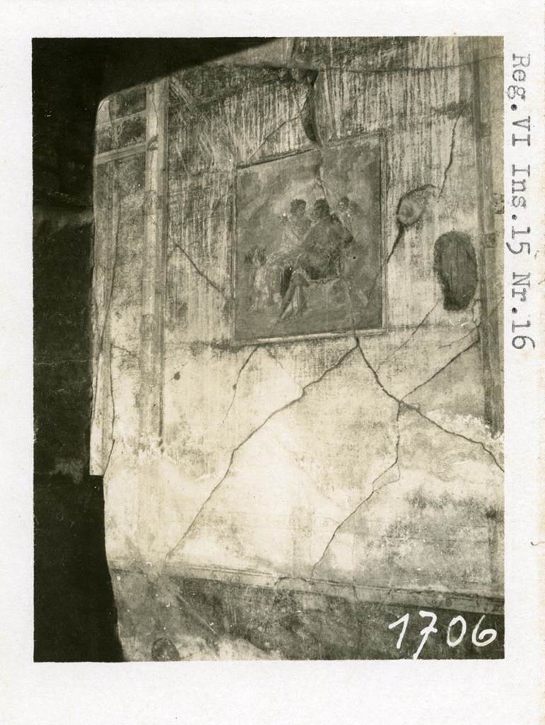 VI.15.6 Pompeii. Pre-1937-39. 
Room 15, north wall of triclinium, with wall painting of Venus and Adonis.
Photo courtesy of American Academy in Rome, Photographic Archive. Warsher collection no. 1706.