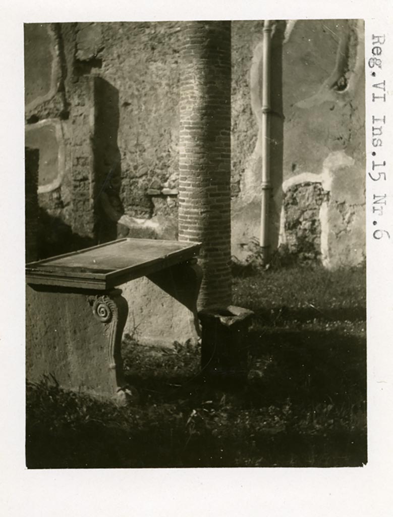 VI.15.6 Pompeii. Pre-1937-39. Room 1, looking across table in atrium, from south side.
Photo courtesy of American Academy in Rome, Photographic Archive. Warsher collection no. 1503.