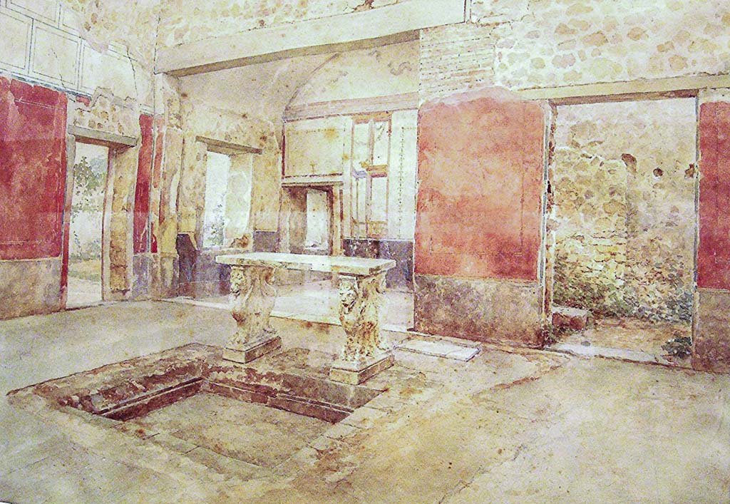 VI.15.8 Pompeii. 1915. Watercolour by Luigi Bazzani.
Looking towards tablinum on west side of atrium, with doorway to portico, on left, and to kitchen area, on right.
Now in Naples Archaeological Museum, inventory number 139461.
