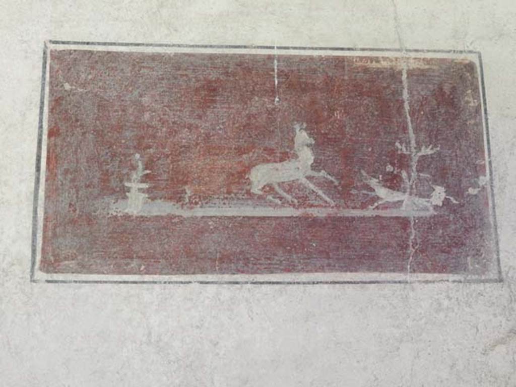 VI.15.8 Pompeii. May 2015. Painted panel of hunting scene on north wall of tablinum.
Photo courtesy of Buzz Ferebee.