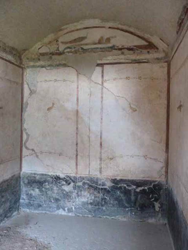 VI.15.8 Pompeii. May 2010. North wall of cubiculum. According to NdS, this room had a barrel-vaulted ceiling, and the area near the north wall had a second vaulted area, having a projection of 1.40m. At the top of this vaulted area, one could see a painted peacock going towards some fruit, on a white background. See Notizie degli Scavi, 1897, January, p. 35.