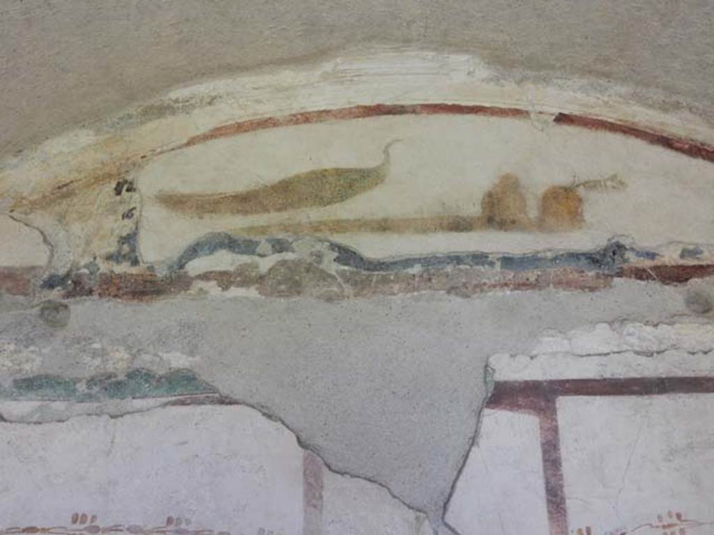 VI.15.8 Pompeii. May 2015. Detail of peacock and fruit, from upper north wall of cubiculum. Photo courtesy of Buzz Ferebee.