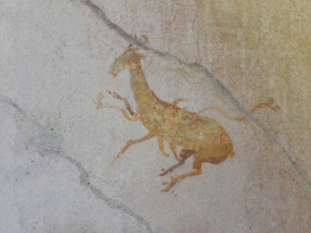 VI.15.8 Pompeii. May 2015. Detail of goat from centre of panel on north wall of cubiculum at east end. Photo courtesy of Buzz Ferebee.