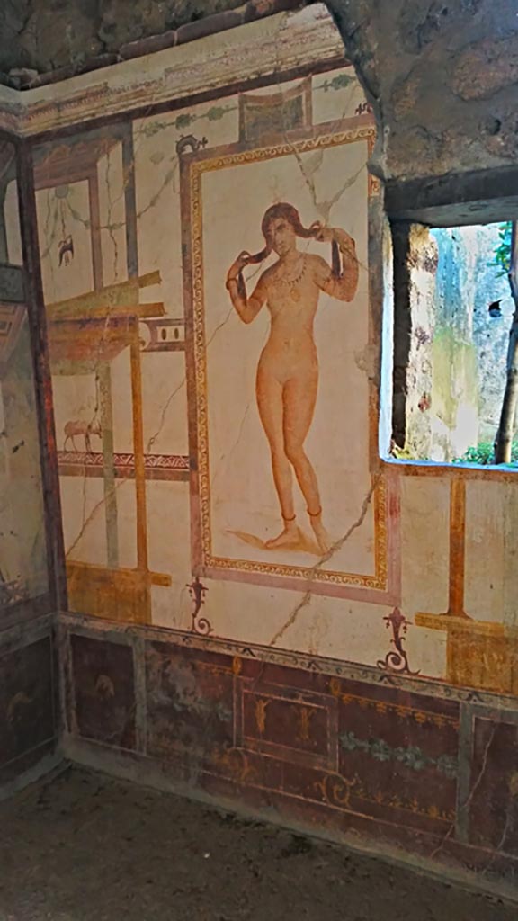 VI.15.8 Pompeii. December 2019.
South end of west wall in south-west corner of summer triclinium.  Photo courtesy of Giuseppe Ciaramella.