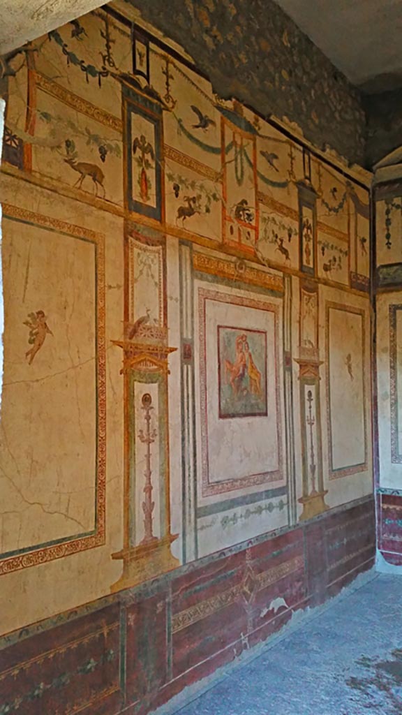VI.15.8 Pompeii. December 2019. 
Looking east along north wall of oecus. Photo courtesy of Giuseppe Ciaramella.
