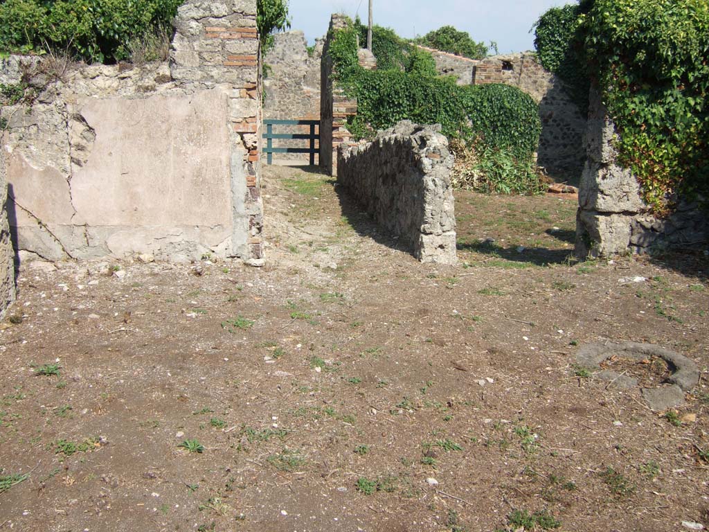 VI.15.14 Pompeii. September 2005. Looking east along entrance corridor from atrium.
On the right is a doorway to the garden area at the rear of VI.15.13.
According to NdS, from the long corridor one entered the atrium with an impluvium in the middle.
Near to the impluvium was the mouth of the cistern.
The beaten floor of the atrium was scattered with pieces of coloured marble, arranged in parallel sets.
The walls were decorated with panels on a black background, separated on the west wall by red pilasters.
The dado, or zoccolo, was yellow.
See Notizie degli Scavi di Antichità, June 1897, (p.270-71)