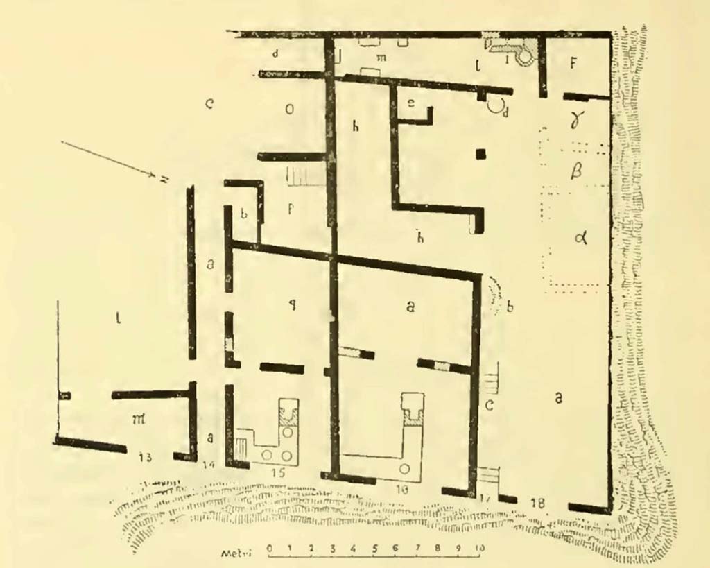 VI.15.14 Pompeii. Plan (north side) in Notizie degli Scavi, 1897, p.460, fig.1. 
(The entrance doorway lower, is on the east side of the insula, the west side of the roadway.)
