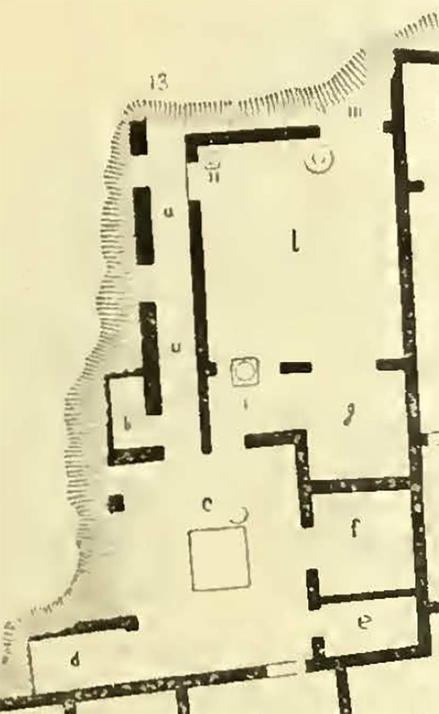 VI.15.14 Pompeii. Plan (south side) in Notizie degli Scavi, 1897, p.269, part of plan. 
(Note: The entrance doorway is on the upper side of the plan. The rear (west side) of the atrium is on the lower side.)
Note: the room shown as “f” on this plan would appear to be the room “m” on PPM’s plan, see below.