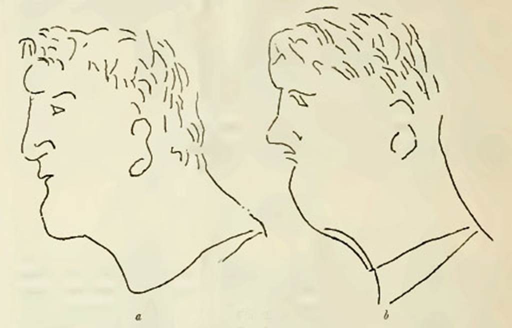 VI.15.16 Pompeii. Drawings of two men’s heads found on the north wall. The first was 0.15m high. The second was 0.16m high. Under the lower head was another human foot and a hand. See Notizie degli Scavi, November 1897, (p.462, fig. 2).