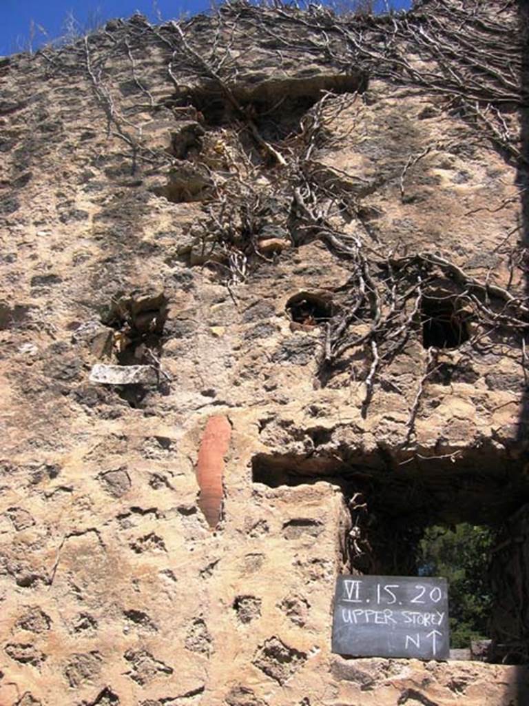 VI.15.20 Pompeii. July 2008. Downpipe visible in wall of upper level. Photo courtesy of Barry Hobson. 
According to Hobson, Reg. VI had two upper storey latrines that still had visible signs of the latrine above the ground floor level, these were in VI.15.20 and VI.15.22. 
See Hobson, B., 2009. Latrinae et foricae: Toilets in the Roman World. London; Duckworth. (p.75)
According to Eschebach, the corridor on the north side of the atrium led to the kitchen and latrine which had a downpipe from the upper floor.
See Eschebach, L., 1993. Gebäudeverzeichnis und Stadtplan der antiken Stadt Pompeji. Köln: Böhlau. (p.223)