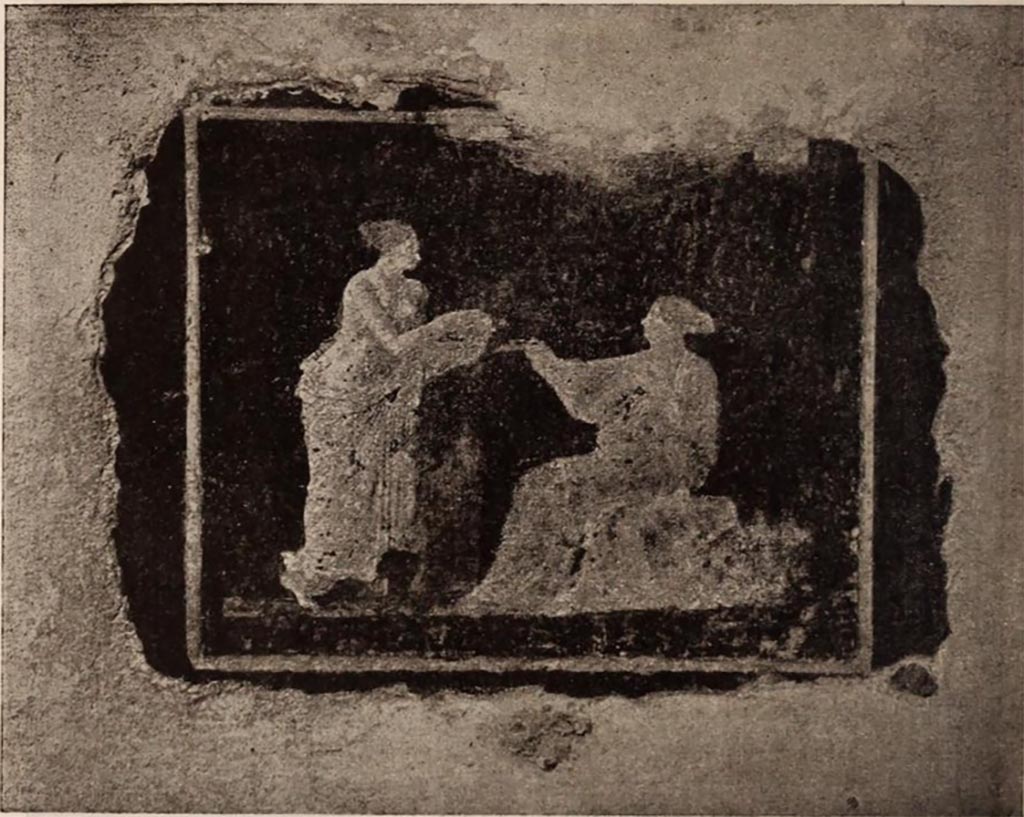 VI.15.23 Pompeii. 1897. 
Painting on pilaster of two women, one seated, on east portico between oecus and tablinum/triclinium.
According to Sogliano, the meaning of this painting is not clear.
However, the painting was excellent, especially the figure of the standing young woman, which was delightfully painted.
See Notizie degli Scavi di Antichità, 1897, p. 154, fig. 2.