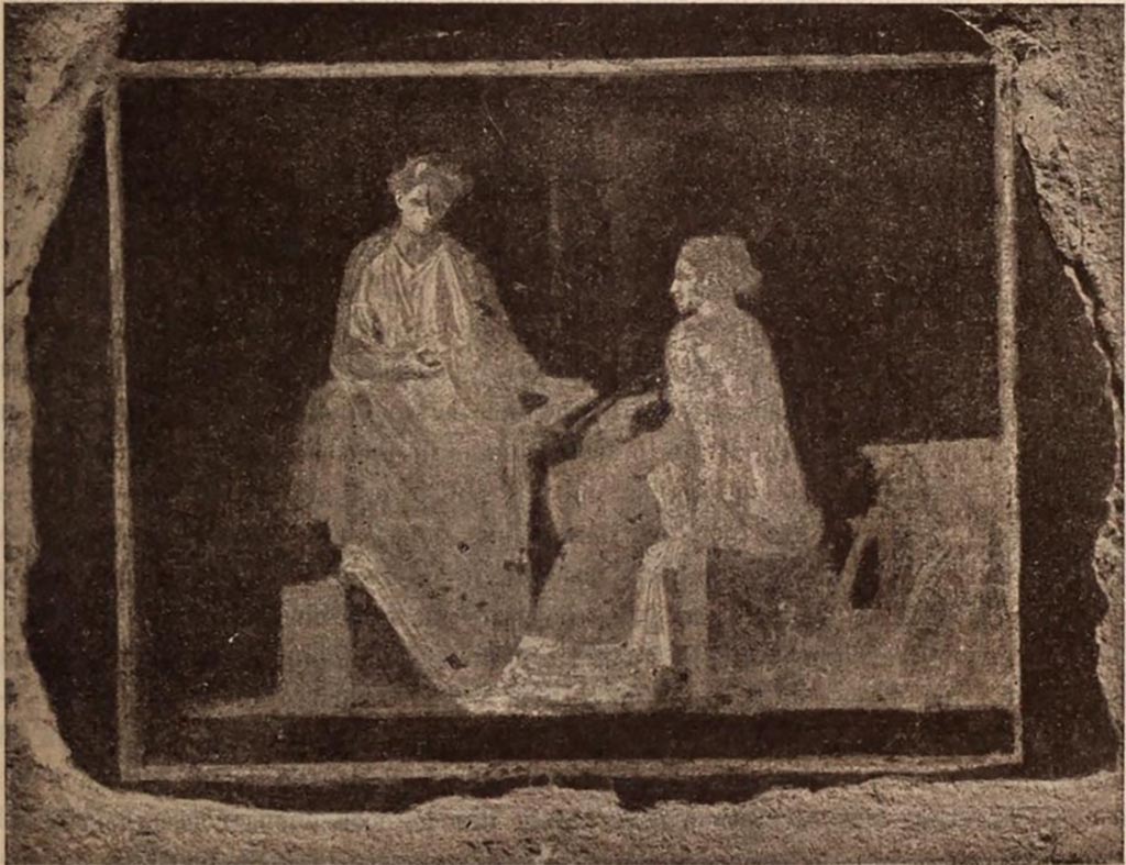 VI.15.23 Pompeii. 1897. 
Second painting on pilaster of two figures, one seated, found on wall of east portico between oecus and tablinum/triclinium.
According to Sogliano, the meaning was clear, it was of a poet reading his poetry to a female companion.
The execution of the painting was very fine, it was unfortunate that the conservation was not perfect.
See Notizie degli Scavi di Antichità, 1897, p. 155, fig. 3.