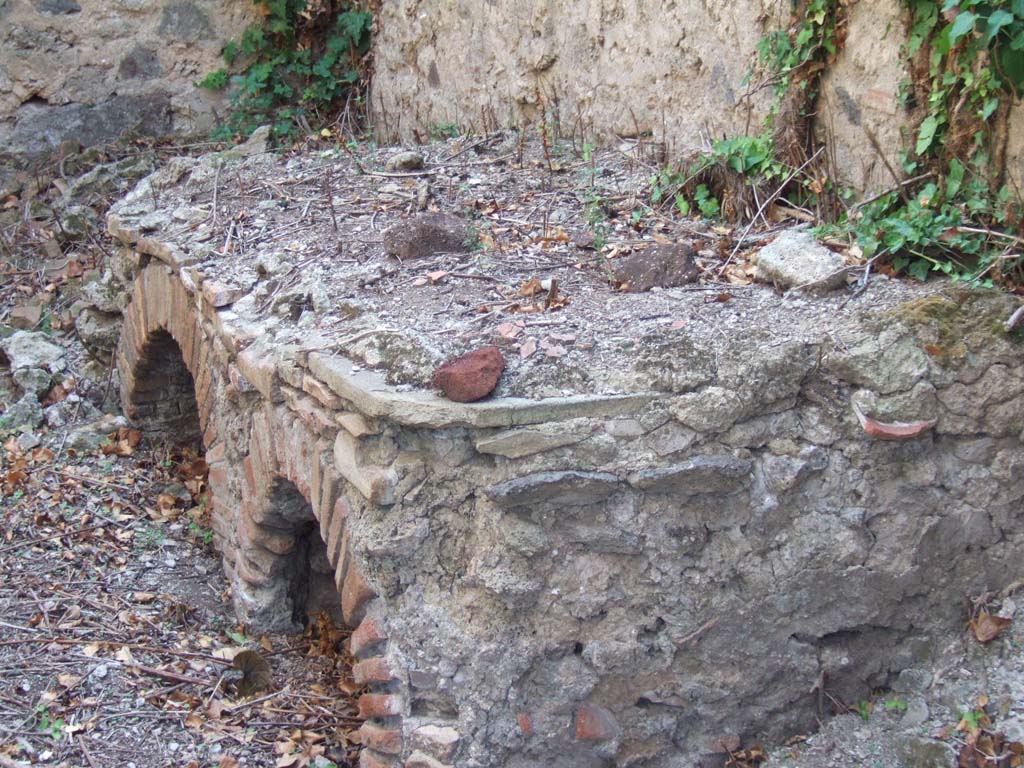 VI.15.23 Pompeii. September 2005. Hearth against west wall of kitchen, looking south. 
The latrine would have been in the south-west corner of the kitchen, top-left of photo.