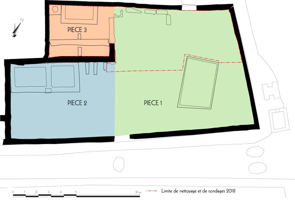 Fig. 1 – Pompéi, VI 16, 3-4. Nomenclature des espaces et limites des opérations de nettoyage et de fouille. 
Relevé, dessin : F. Fouriaux/EFR. Licence creative commons, © CC BY-NC-SA.