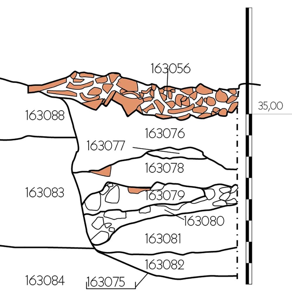Fig. 5 – Pompéi, VI 16, 3-4. Coupe de la fosse ayant probablement servi de carrière de matériel éruptif anté-plinien après le séisme de 62/63. 
Relevé, dessin B. Ephrem/EFR. Licence creative commons, © CC BY-NC-SA.