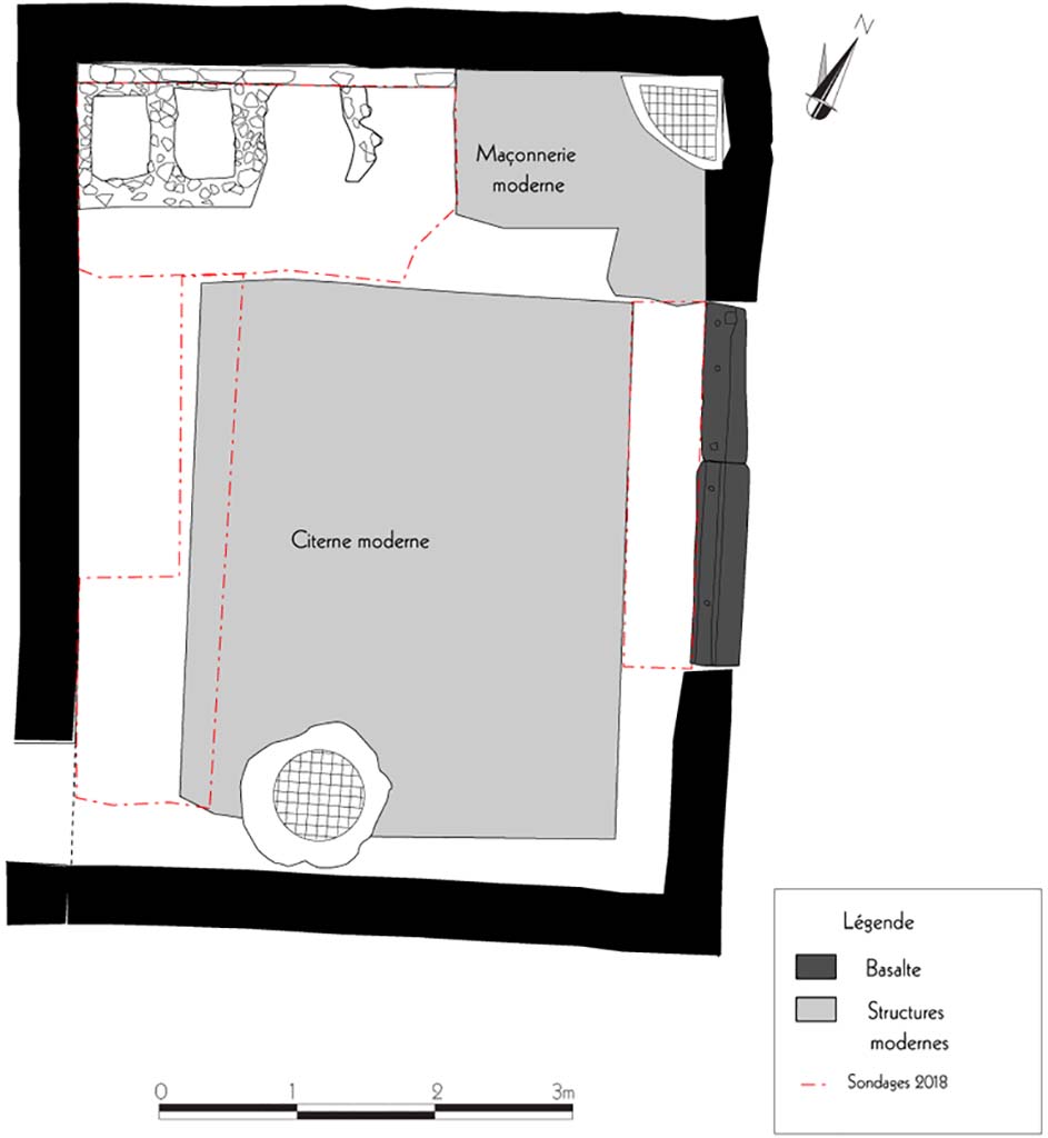 Fig. 21 – Pompéi, VI 16, 6. Plan des principaux vestiges mis au jour pendant la campagne 2018. 
Relevé, dessin : S. Aho, E. Le Quéré, F. Fouriaux/EFR. Licence creative commons, © CC BY-NC-SA.