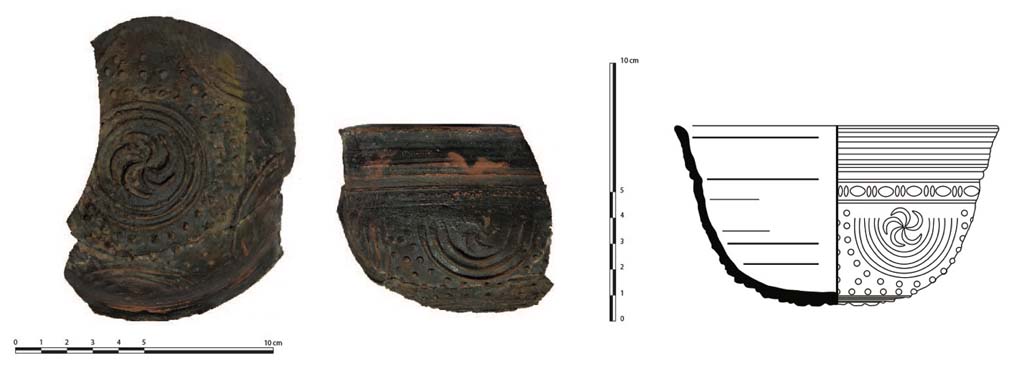 Fig. 22 – Pompéi, VI 16, 6. Bol « mégarien » trouvé dans la fosse « rituelle ». Relevé photogrammétrique. 
Cl. MIBAC/N. Monteix/EFR, dessin E. Le Quéré/EFR. Licence creative commons, © CC BY-NC-SA.
