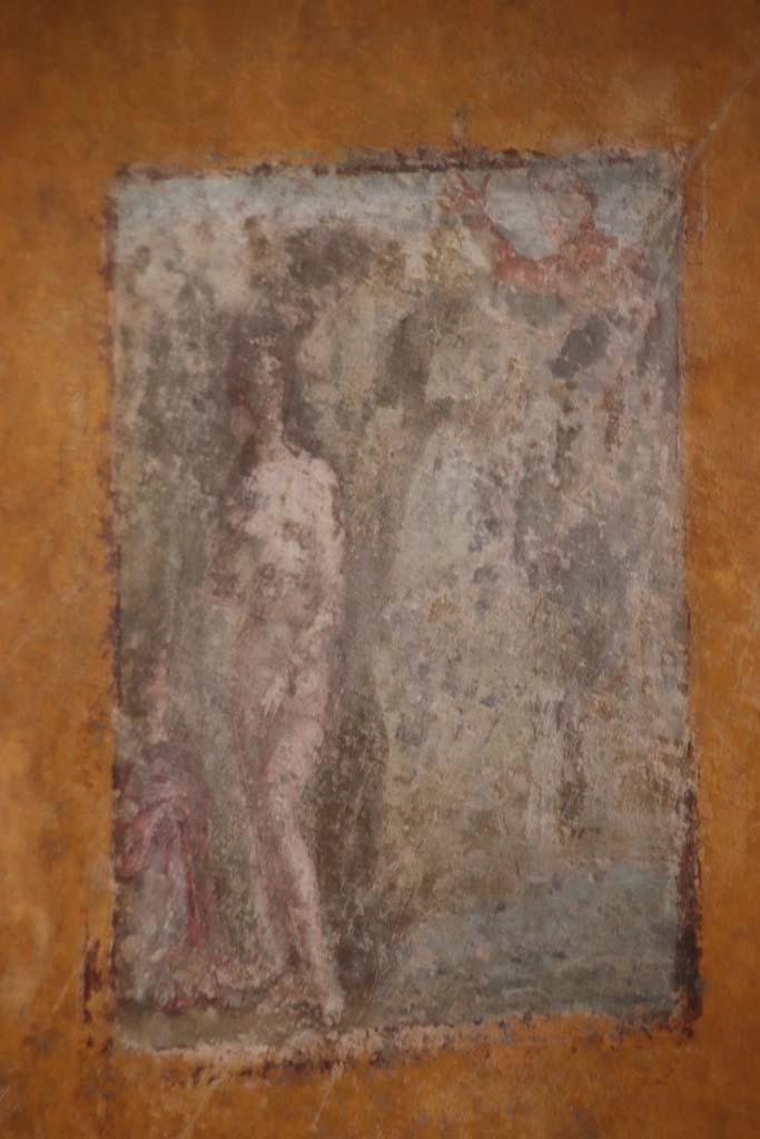 VI.16.7 Pompeii. September 2021. 
Room R, central wall painting of Diana and Actaeon on the south wall. Photo courtesy of Klaus Heese.