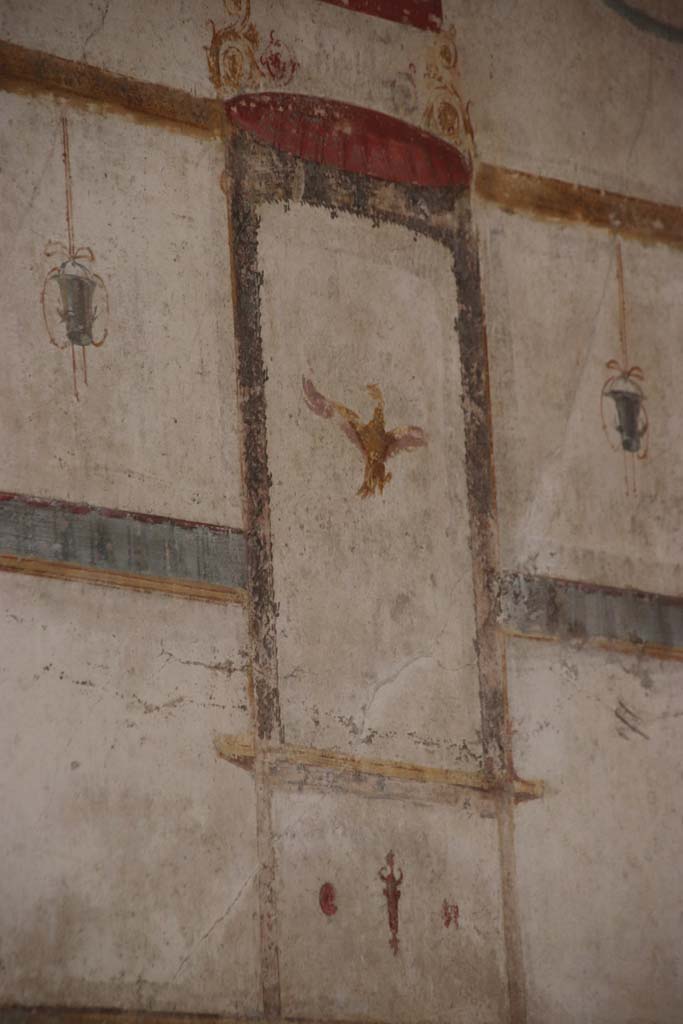 VI.16.7 Pompeii. September 2021. 
Painted decoration from upper south wall in south-west corner. Photo courtesy of Klaus Heese.