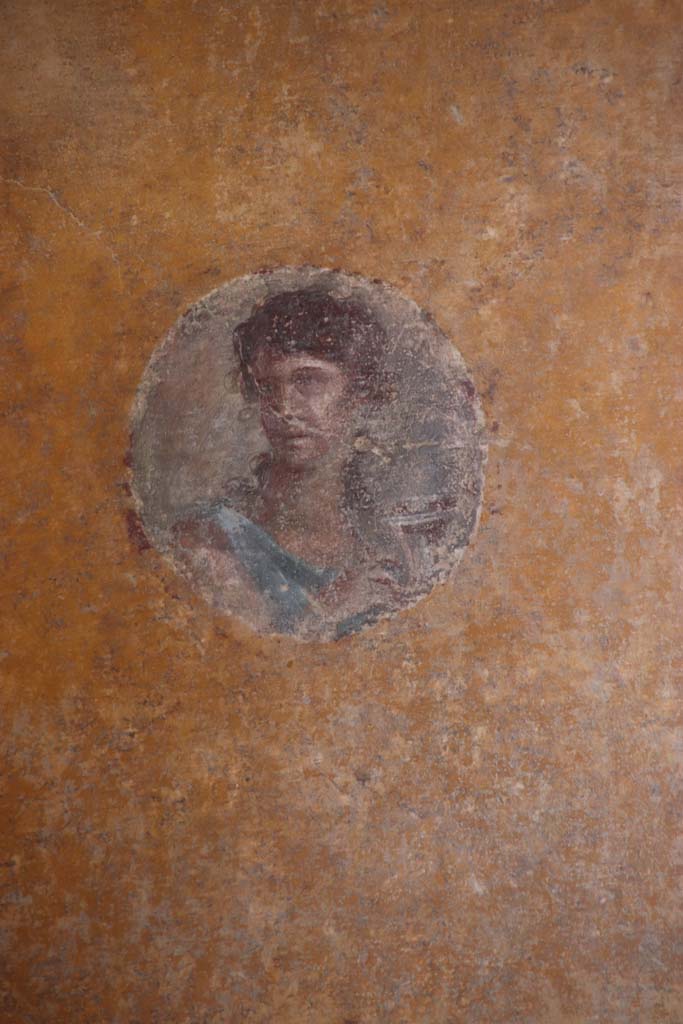 VI.16.7 Pompeii. September 2021. 
Room R, painted medallion on south end of the west wall. Photo courtesy of Klaus Heese.