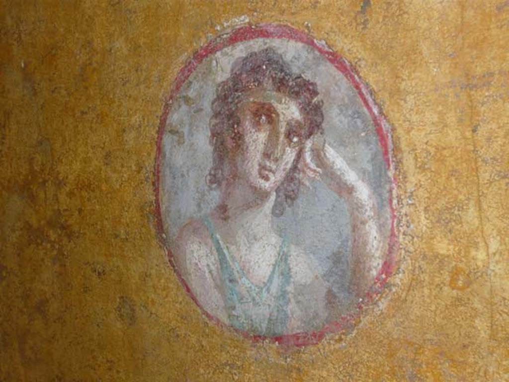VI.16.7 Pompeii. June 2013. 
Room R, painted medallion on north end of east wall, after restoration.
Photo courtesy of Buzz Ferebee.