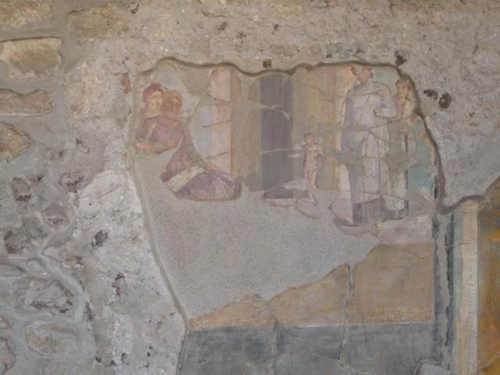 VI.16.7 Pompeii. June 2013. 
Room E, remains of wall painting of Paris and Helen at Sparta on west wall of tablinum.  
Photo courtesy of Buzz Ferebee.