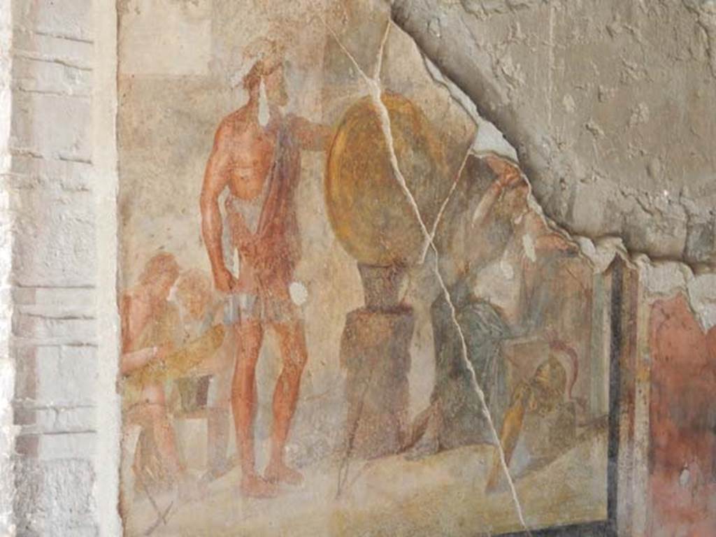 VI.16.7 Pompeii. May 2016. Room G, centre of north wall of oecus, next to doorway. 
Wall painting of Thetis in the workshop of Hephaestus, after recent restoration.
Photo courtesy of Buzz Ferebee.