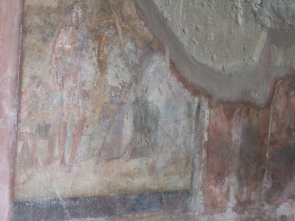 VI.16.7 Pompeii. May 2006. 
Room G, centre of north wall of oecus, next to doorway. Wall painting of Thetis in the workshop of Hephaestus.