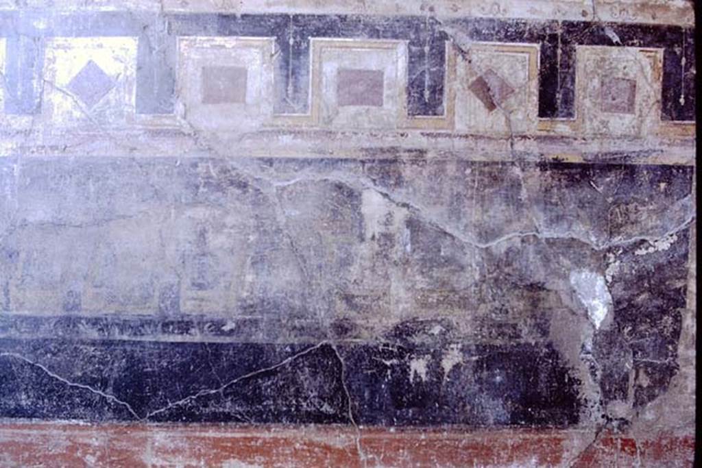 VI.16.7 Pompeii. 1968. Room G, lower centre of east wall of oecus.  
Photo by Stanley A. Jashemski.
Source: The Wilhelmina and Stanley A. Jashemski archive in the University of Maryland Library, Special Collections (See collection page) and made available under the Creative Commons Attribution-Non Commercial License v.4. See Licence and use details.
J68f0237