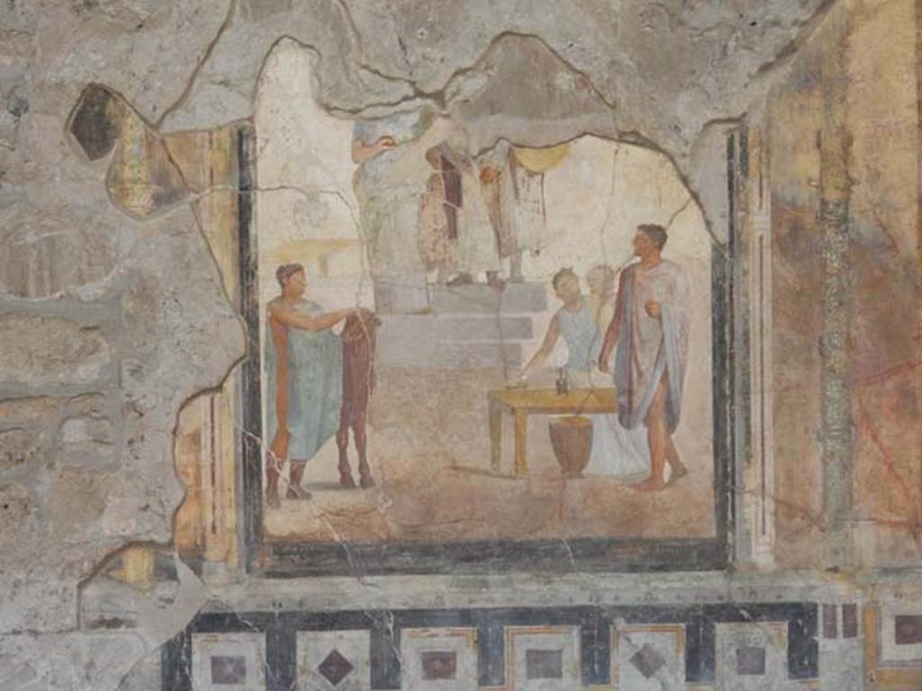 VI.16.7 Pompeii. May 2016. Room G, centre of east wall of oecus, after recent restoration. Wall painting of Jason, with one sandal only, stepping in front of Pelias. 
Photo courtesy of Buzz Ferebee.