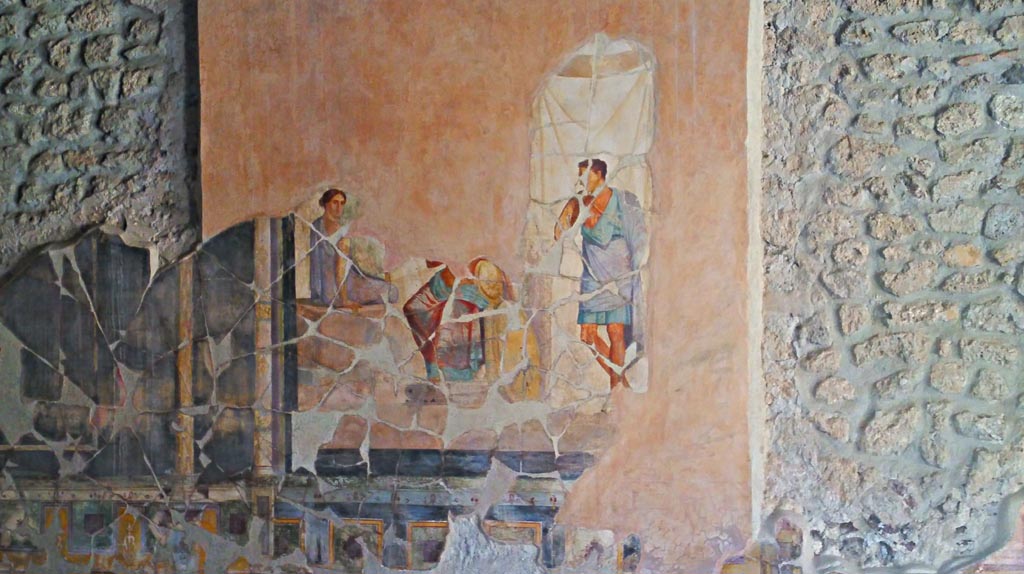 VI.16.7 Pompeii. December 2019. 
Room G, south wall of oecus. Wall painting of Achilles with Briseis and Patroclus in his tent. Photo courtesy of Giuseppe Ciaramella.