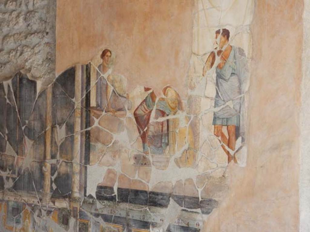 VI.16.7 Pompeii. May 2016. Room G, wall painting of Achilles with Briseis and Patroclus in his tent, from centre of south wall of oecus.  Photo courtesy of Buzz Ferebee.